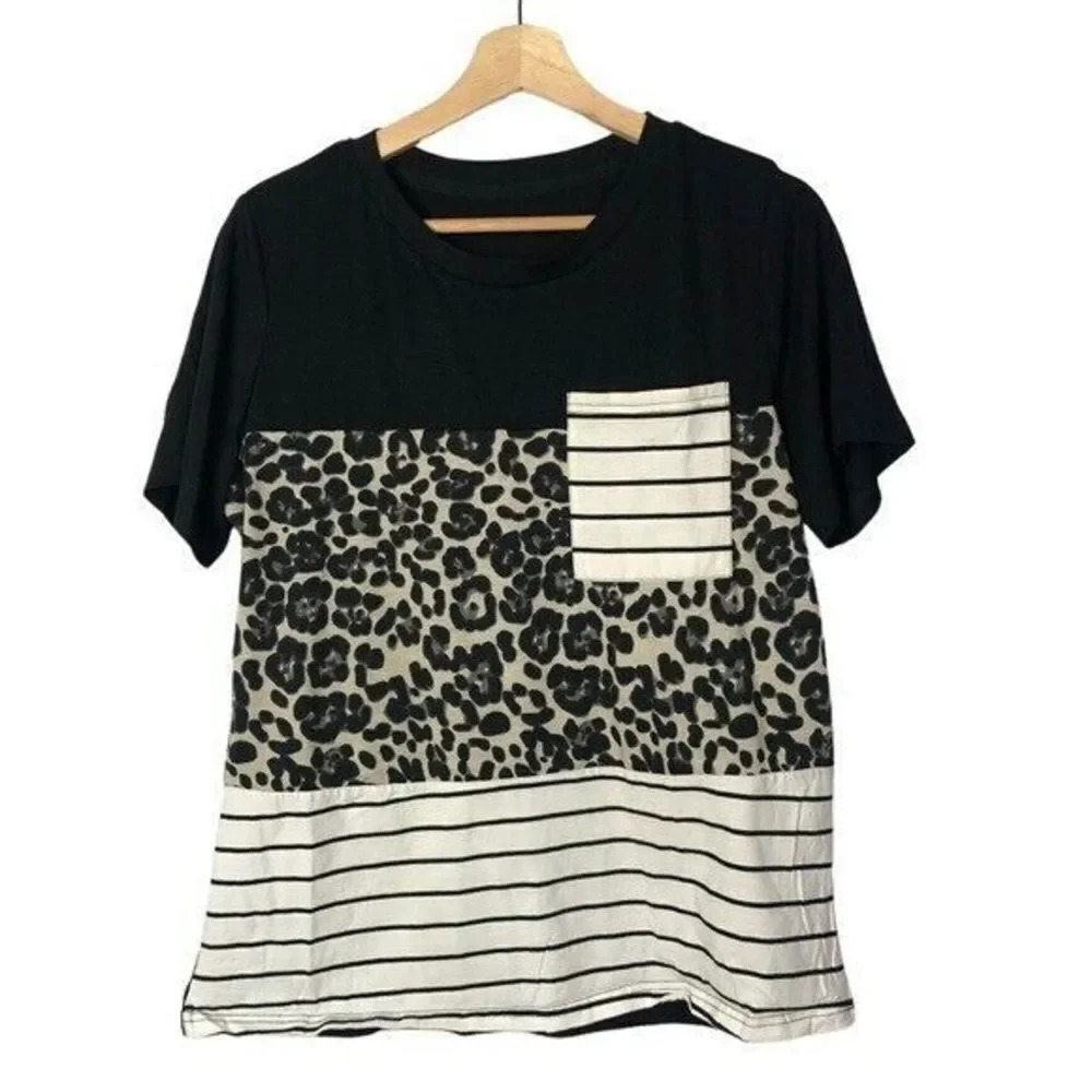 Boutique Leopard & Stripe Bust Pocket Short Sleeve T-Shirt M